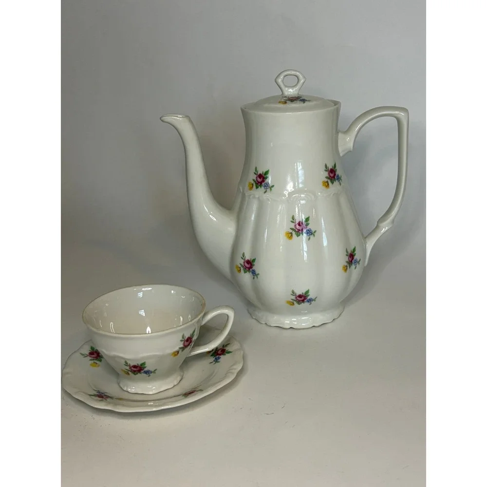 Vintage White Floral Teapot Tea Cup Saucer Polish CottageCore Coquette Girlie